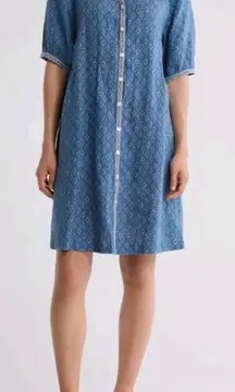 Faherty Carmel Dress Women's Size Small Linen Blue Geo Button Up Mini Dress