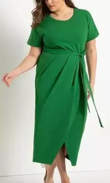 NEW Eloquii green cotton knit‎ Wrap Skirt tie waist midi Dress, 16