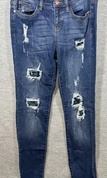 Judy Blue Womens Distressed Skinny Fit Jeans Size‎ 9/29 Patched Blue Green Plaid