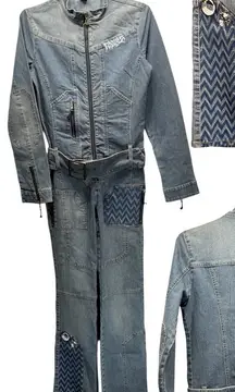 AKDMKS Y2K Denim Patchwork Graffiti Coveralls Jumpsuit Flightsuit HipHop Belted