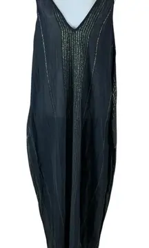 Elan Black Gold Metallic Striped Maxi Slip Dress Spaghetti Strap XS Pockets