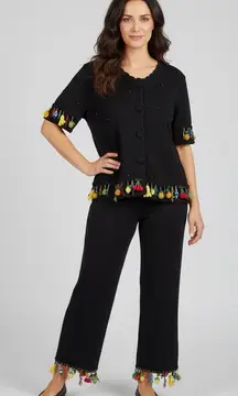 Vintage Michael Simon Black Short Sleeved Sweater Sets Beaded Fringe Fruit Sz M