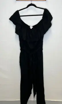 AVA & VIV Women's 2X Black Ruffled‎ Off Shoulder Tie Waist Jumpsuit