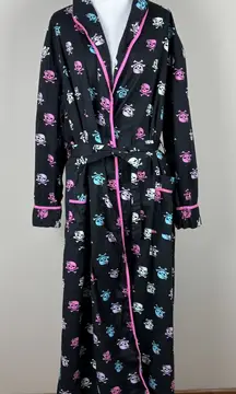 Alexander Del Rossa Robe Womens XL Black Skull & Bones Bow Belted 100% Cotton