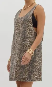 Entro Leopard Print Animal Denim Overalls Dress Mini Short Pinafore Womens S