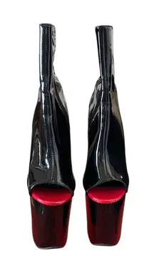 PLEASER Delight Black Red Peep Toe Corset Style Platform Ankle Boot Stiletto