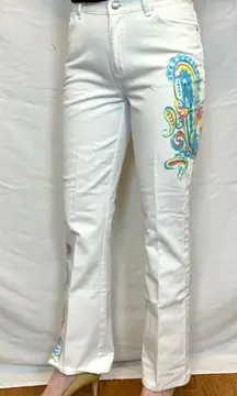 Ralph Lauren Art Print Jeans White Wide Legs Multicolor Paisley Design Sz 12 Y2K