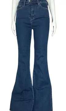 Judy Blue High Rise Flare Medium Dark Wash Jeans Tummy Control Raw Hem Sz 7 28