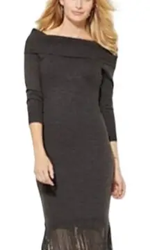 New York & Company Gray Knit Sweater Dress Cowl Neck Fringe Size S