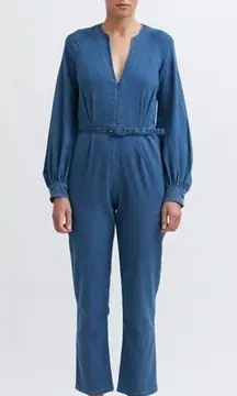 RACHEL COMEY Blue Chambray Long Balloon Sleeve Slit Jumpsuit sz 2
