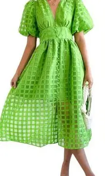 YH&CO bright green Smocked Flowy Midi Dress windowpane puff sleeve SIZE 10