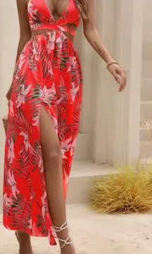 Tropical Print Backless Knot Halter Slit Maxi Dress