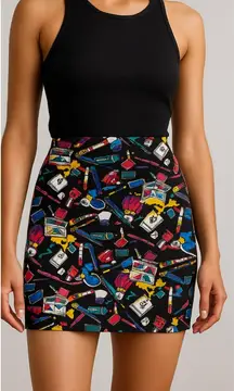 Vintage 80s Equip Black Makeup Cosmetics Perfume Print Bodycon Mini Skirt Size L