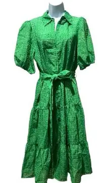 Green Eyelet Puff Sleeve Belted Midi Dress – Size M