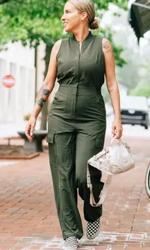 Athleta Brooklyn Utility Jumpsuit Olive Green Romper Adjustable Zip Jogger 10