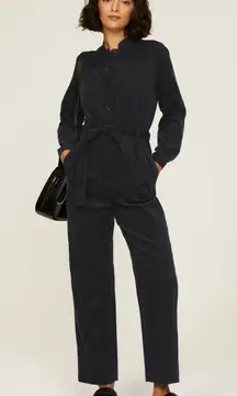 A.P.C. Justine Navy Corduroy Straight Leg Belted Long Sleeve Jumpsuit Size 2