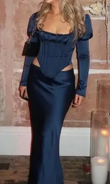 HOUSE OF CB 'Dana' & Charlene Navy Puff Sleeve Corset & Maxi skirt Set NWOT L‎