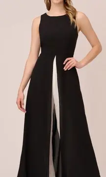 ADRIANNA‎ PAPELL Colorblock Jumpsuit With Skirt Overlay In Black Ivory Cocktail