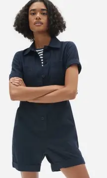 Everlane The Cotton Weave Romper Short Sleeve Pockets Navy Blue Size 4