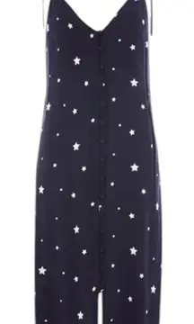 Topshop Navy Star Print Midi Slip Dress size 8 Tie Straps Button Front V Neck