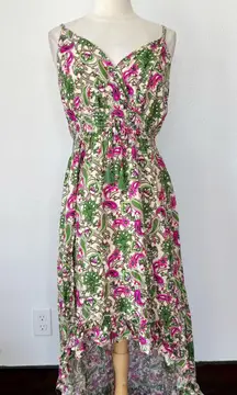 Pink & Green Floral V-Neck High Low Dress