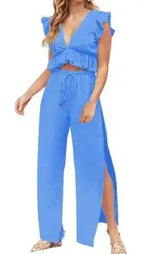 FANCYINN Women’s Deep V Neck Crop Top & Side Slit Wide Leg Pants Set