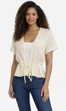 Vintage Cream Crochet Knit Tie Front Cover Up | 70s Boho Sheer cardigan