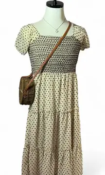 Boheme Smocked Tiered Maxi‎ Dress Square Neck Polka Dot Print Casual Sundress