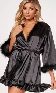 Seven Til Midnight Luxurious Black Satin Robe Ruffles Feather Trim Small NEW