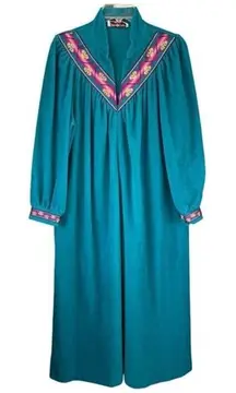 T2 VTG Vanity Fair Velour‎ Zip Robe Teal Embroidered Long Sleeve Lounge Caftan