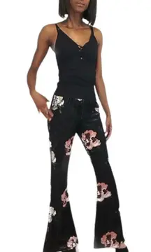 Black Velvet Bell Bottoms With A Floral Print   Sz. L