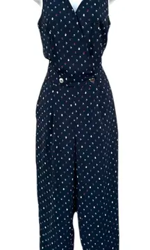 Tommy Hilfiger Navy Blue‎ Polka Dot Nautical V-Neck Jumpsuit Smocked Back Small