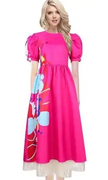 Barbie Movie Weird Doll Pink Puff Sleeve Abstract Print Midi Dress Size Large