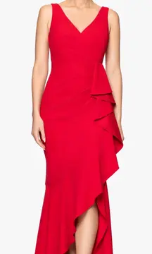 Betsy & Adam Size 8 Red V-Neck High-Low Ruffles Cascade Formal Zip Up Dress