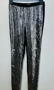 JENNI KAYNE Silver Sparkle Sequin Black Fitted Slim Pants Disco NYE Pants sz S