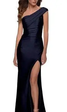 New La Femme Navy Blue Ruched One-Shoulder Shiny Jersey Gown Size 4 Orig $328