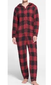 Womens Like New SKIMS Red Black Brick Buffalo Check Cozy Knit Onesie