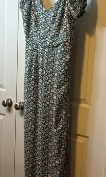 ASU Wish Floral‎ Jumpsuit Cottage Core Green Puff Sleeve Tie Front Boho Chic #