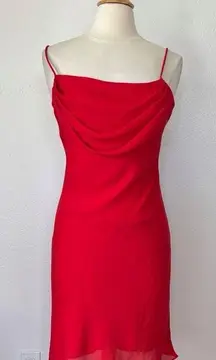 Vintage 90s Solid Bright Red Cowl Neck Cocktail Dress