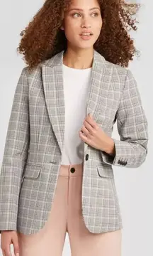 A New Day Womens Plaid One‎ Button Long Sleeve Lined Blazer Jacket Gray Size 2