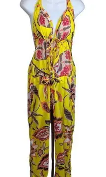 Myskova Floral Print Lightweight Jumpsuit Swim Coverup Yellow Size 1