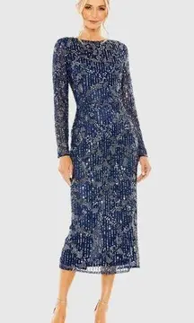 Mac Duggal 5988 Midnight Blue High Neck Long Sleeve Embellished Dress 4 NWOT