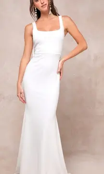 NWT Lulus Loving Fate White Bow Square Neck Backless Maxi Dress Wedding Bride M