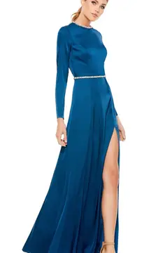 Ieena for Mac Duggal  Sapphire Long Sleeve Jewel Trimmed Charmeuse Gown- NWT‎