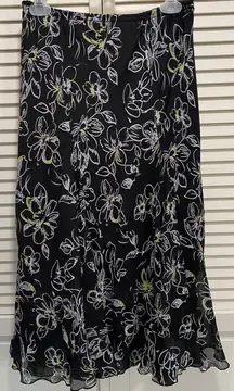 JKLA California Floral Chiffon Maxi Skirt Ruffle A-line‎ Size S Black/Yellow