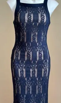 Bleuh Ciel  Blue Lace/Cream Nylon Midi Sleeveless Dress SZ M Zipper in Back