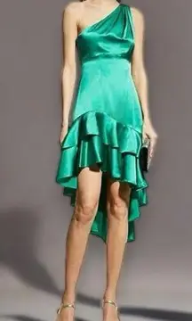 Cinq a Sept 100% Silk Colina Ruffle One Shoulder Cocktail Dress Sz 2 Jade Green