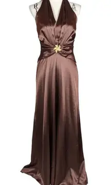 Vintage Jessica McClintock 90s Satin Halter Formal Dress Brown Size 6