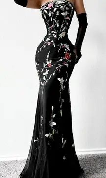 Vintage Black Strapless Floral Beaded Silk Maxi Formal Prom Dress Size M/L