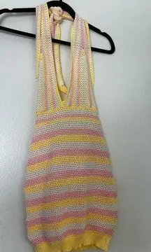 Pink, Yellow, and White Halter Crotchet Dress